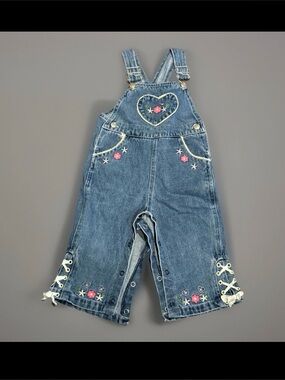 Vintage Y2K Floral Embroidered Denim Overalls 18M Cottagecore